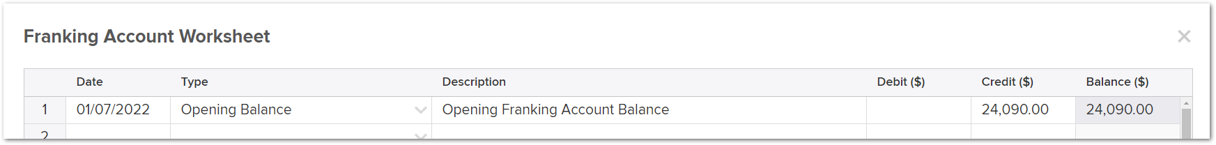 Inputting Opening Franking Account Balance – Simple Invest 360